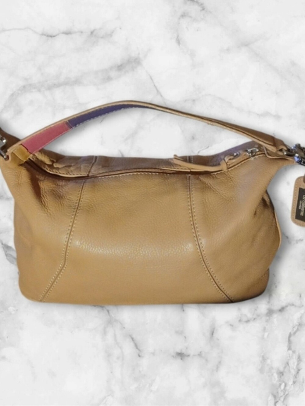 Liz Claiborne Natural Tan Leather Shoulder Bag Reversable Purple Pink Stripe